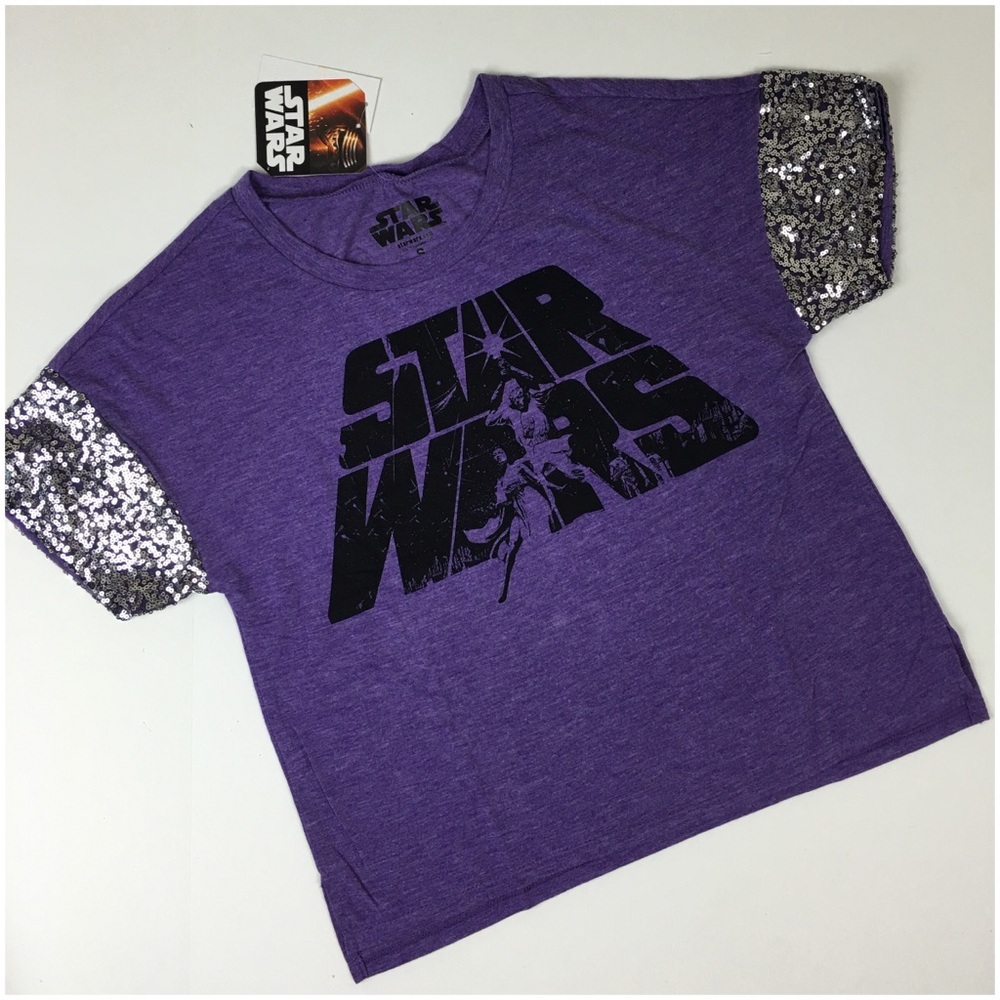 Star Wars Logo Silver Sequin Sleeve Purple Shirt